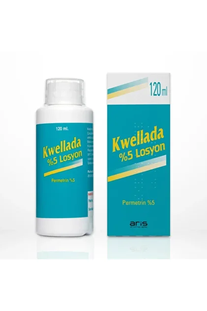 Kwellada permetrin içeren losyon kutusu ve uygulama görseli